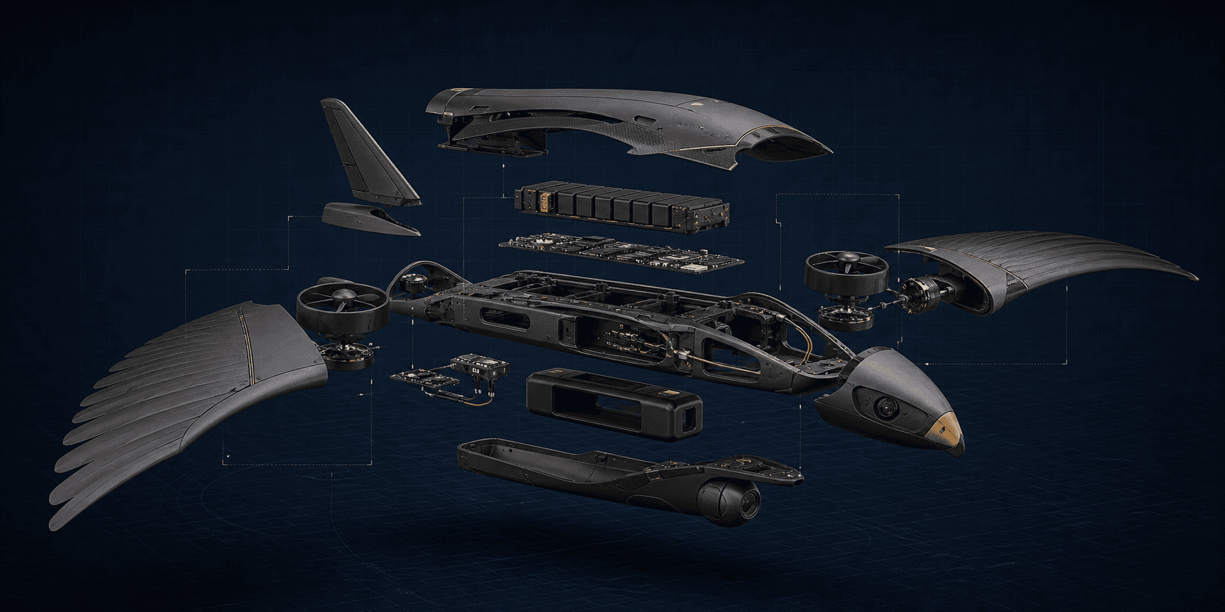 Exploded technical render of Lindur Eagle-inspired drone components